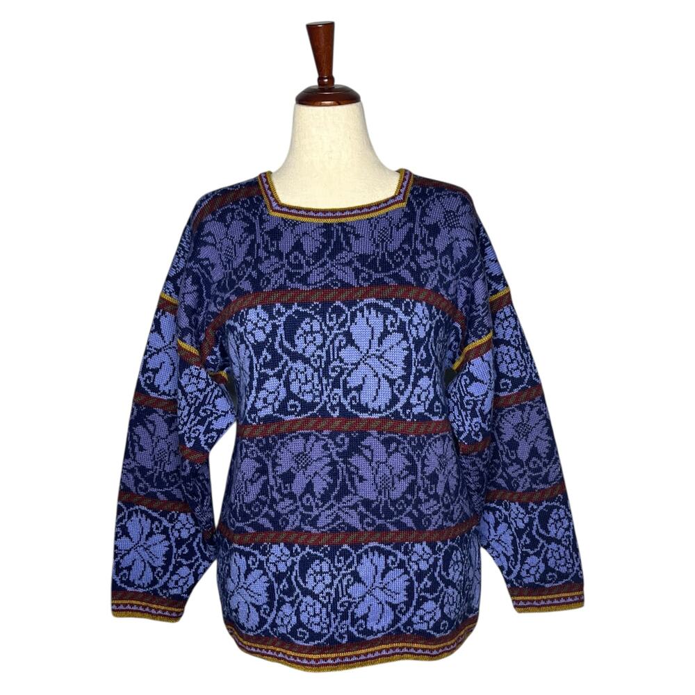 Oleana The Norwegian Story Womens Sweater L Blue Pure Wool Square Neck Floral